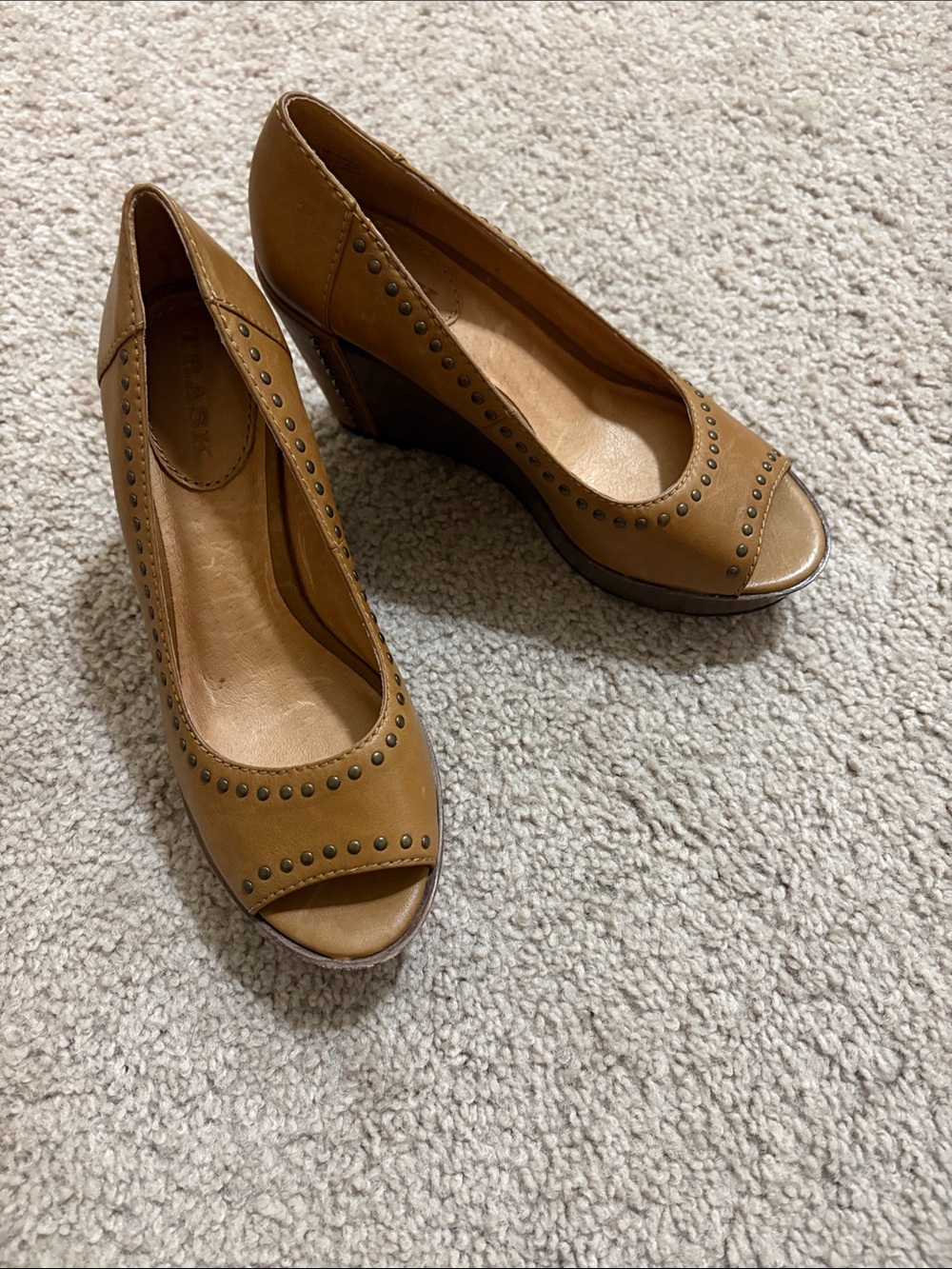 Trask Tan Leather Peep-Toe Stud Wedge Pumps worn once